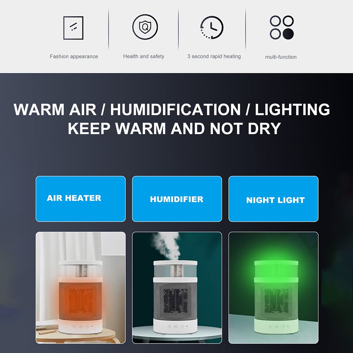 Transform Your Space: 3 In 1 Space Heater Winter Fast Heating Electric Warmer Heating Fans Colorful Night Lights Small Heaters 400ML Air Humidifier